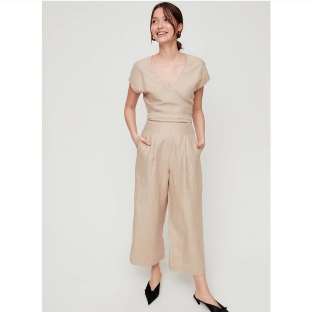 Bohme Linen Blend Beige Cut Out Wrap Tie Jumpsuit